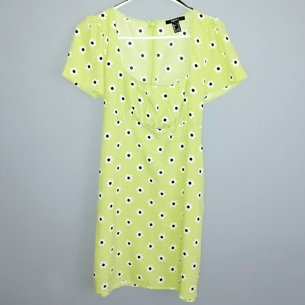 🌷3/$20🌷NWOT Forever 21 Chartreuse Floral Dress - Picture 3 of 7